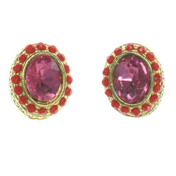 Pink & Gold-Tone Colored Metal Stud-Earrings With Crystal Accents #778
