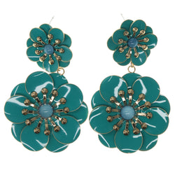 Flower Dangle-Earrings With Bead Accents Blue & Gold-Tone Colored #787