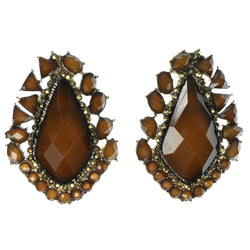 Brown & Gold-Tone Colored Metal Stud-Earrings With Faceted Accents #788