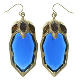 Blue & Gold-Tone Colored Metal Dangle-Earrings With Crystal Accents #812