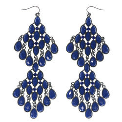 Blue & Silver-Tone Colored Metal Dangle-Earrings With Faceted Accents #814