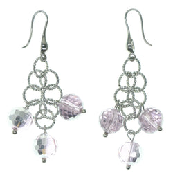 Silver-Tone & Pink Colored Metal Dangle-Earrings With Bead Accents #815
