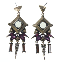Gold-Tone & Purple Colored Metal Dangle-Earrings With Crystal Accents #819