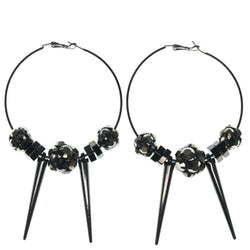 Silver-Tone & Black Colored Metal Hoop-Earrings With Bead Accents #820