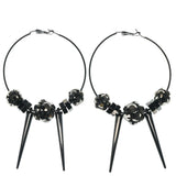 Silver-Tone & Black Colored Metal Hoop-Earrings With Bead Accents #820