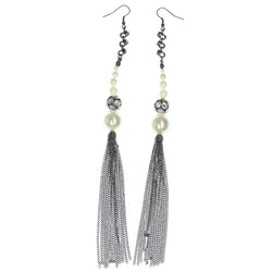 Silver-Tone & White Colored Metal Dangle-Earrings With Bead Accents #822