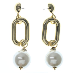 Gold-Tone & White Colored Metal Dangle-Earrings With Bead Accents #826