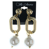 Gold-Tone & White Colored Metal Dangle-Earrings With Bead Accents #826