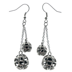 Silver-Tone & Black Colored Metal Drop-Dangle-Earrings With Bead Accents #837