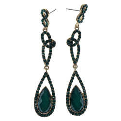 Gold-Tone & Green Colored Metal Dangle-Earrings With Crystal Accents #850