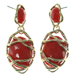 Gold-Tone & Red Colored Metal Dangle-Earrings With Faceted Accents #852