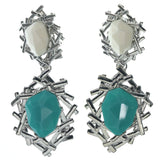 Silver-Tone & Blue Colored Metal Dangle-Earrings With Faceted Accents #858