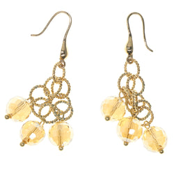 Gold-Tone & Yellow Colored Metal Dangle-Earrings With Bead Accents #862