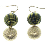 Gold-Tone & Green Colored Fabric Dangle-Earrings With Bead Accents #864