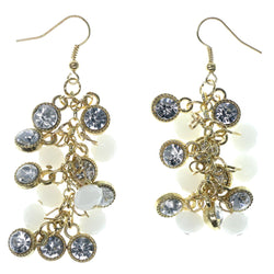 Gold-Tone & White Colored Metal Dangle-Earrings With Crystal Accents #874