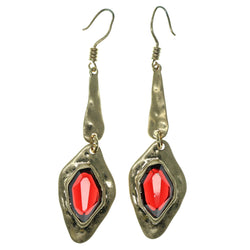 Gold-Tone & Red Colored Metal Dangle-Earrings With Faceted Accents #884
