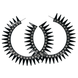 Black & Silver-Tone Colored Metal Hoop-Earrings With Crystal Accents #893