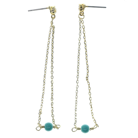 Gold-Tone & Blue Colored Metal Dangle-Earrings With Bead Accents #894