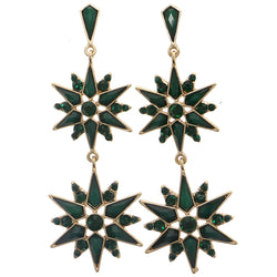 Green & Gold-Tone Colored Metal Dangle-Earrings With Crystal Accents #897