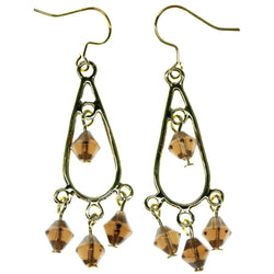 Gold-Tone & Brown Colored Metal Dangle-Earrings With Bead Accents #909