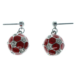 Soccer Dangle-Earrings With Crystal Accents Silver-Tone & Red Colored #910