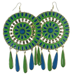 Green & Blue Colored Metal Dangle-Earrings With Drop Accents #923