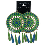 Green & Blue Colored Metal Dangle-Earrings With Drop Accents #923