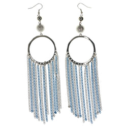 Silver-Tone & Blue Colored Metal Dangle-Earrings With Bead Accents #927