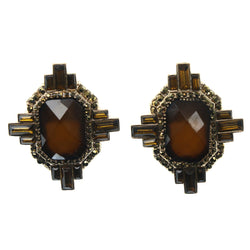 Brown & Gold-Tone Colored Metal Stud-Earrings With Faceted Accents #937
