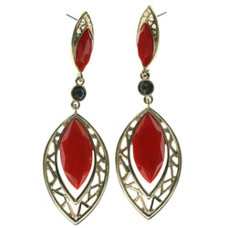 Gold-Tone & Red Colored Metal Dangle-Earrings With Faceted Accents #967