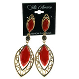 Gold-Tone & Red Colored Metal Dangle-Earrings With Faceted Accents #967