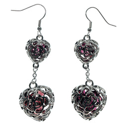Heart Rose Dangle-Earrings With Bead Accents Silver-Tone & Purple Colored #984