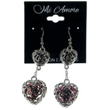 Heart Rose Dangle-Earrings With Bead Accents Silver-Tone & Purple Colored #984