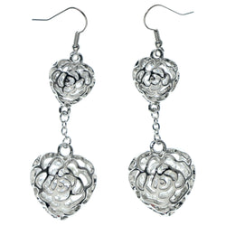 Rose Heart Dangle-Earrings Silver-Tone Color  #985