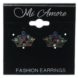 Crown Stud-Earrings With Crystal Accents Silver-Tone & Multi Colored #1005