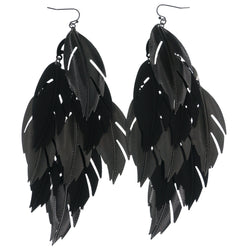 Feather Chandelier-Earrings Silver-Tone & Black Colored #1006