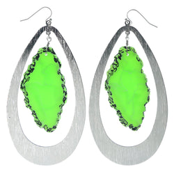 Silver-Tone & Green Colored Metal Dangle-Earrings With Stone Accents #1043