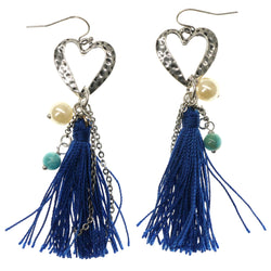 Heart Dangle-Earrings With Tassel Accents Silver-Tone & Blue Colored #1048
