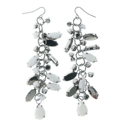 White & Silver-Tone Colored Metal Dangle-Earrings With Faceted Accents #1054
