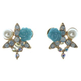 Rose Stud-Earrings With Crystal Accents Gold-Tone & Blue Colored #1056