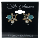 Rose Stud-Earrings With Crystal Accents Gold-Tone & Blue Colored #1056
