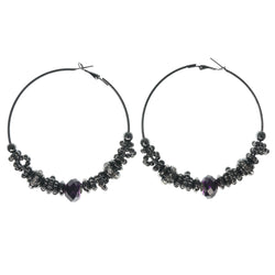 Silver-Tone & Purple Colored Metal Hoop-Earrings With Crystal Accents #1063