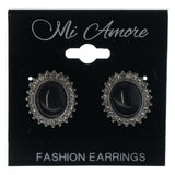 Black & Silver-Tone Colored Metal Stud-Earrings With Crystal Accents #1069