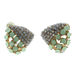 Green & White Colored Metal Stud-Earrings With Crystal Accents #1079