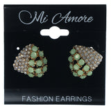 Green & White Colored Metal Stud-Earrings With Crystal Accents #1079