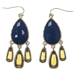 Gold-Tone & Blue Colored Metal Dangle-Earrings With Faceted Accents #1092