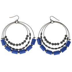 Blue & Black Colored Metal Dangle-Earrings With Bead Accents #1093
