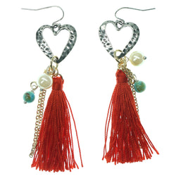 Heart Dangle-Earrings With Tassel Accents Silver-Tone & Red Colored #1098