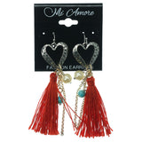 Heart Dangle-Earrings With Tassel Accents Silver-Tone & Red Colored #1098