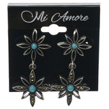 Flower Dangle-Earrings With Crystal Accents Silver-Tone & Blue Colored #1106